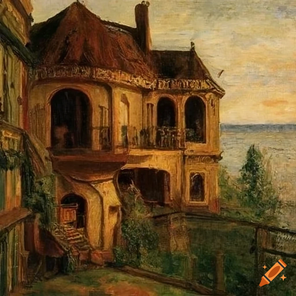 treehouse palace with balcony inspired by Masaccio, Antonello da Messina, and Camille Pissarro