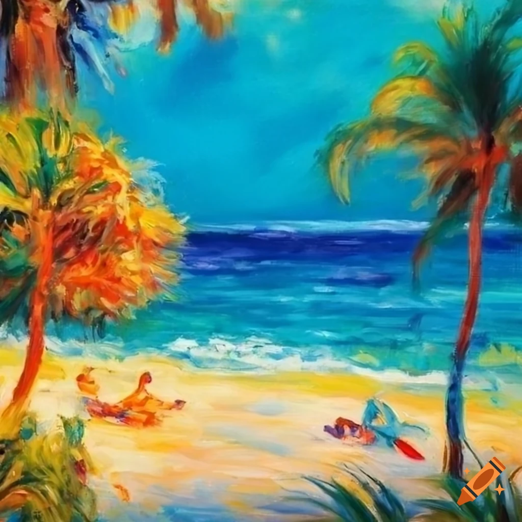 Colorful tropical beach painting in renoir style