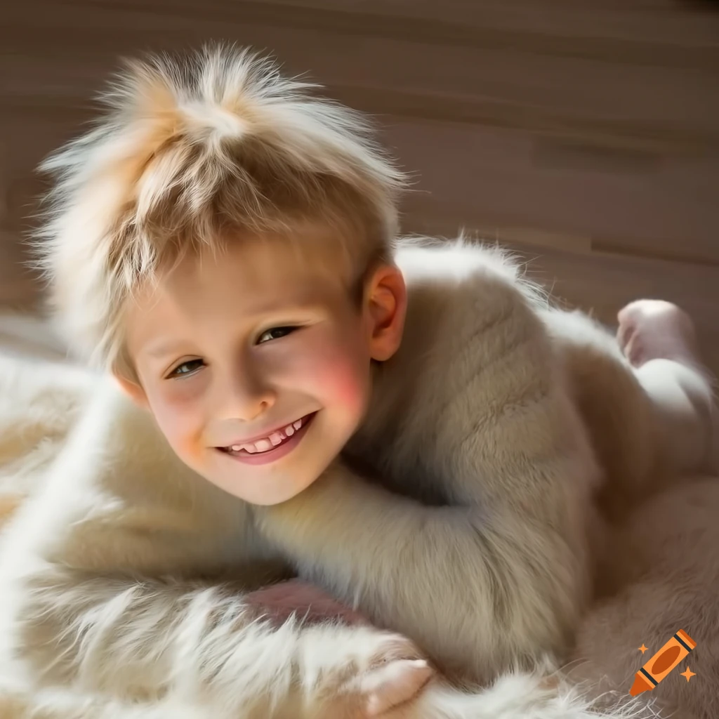 boy in fuzzy sweater lying on fur rug