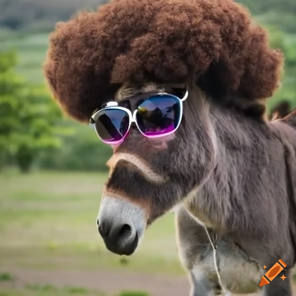 humorous image of a donkey with an Afro and sunglasses