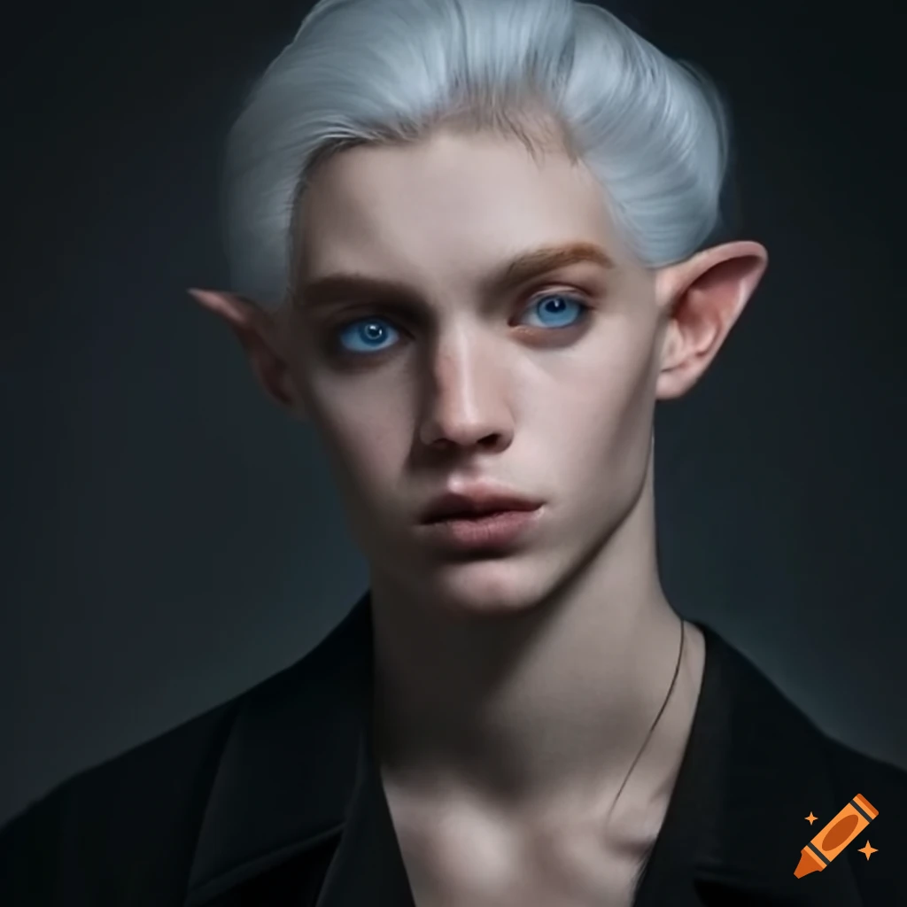 portrait of a male Snow elf with white hair and blue eyes