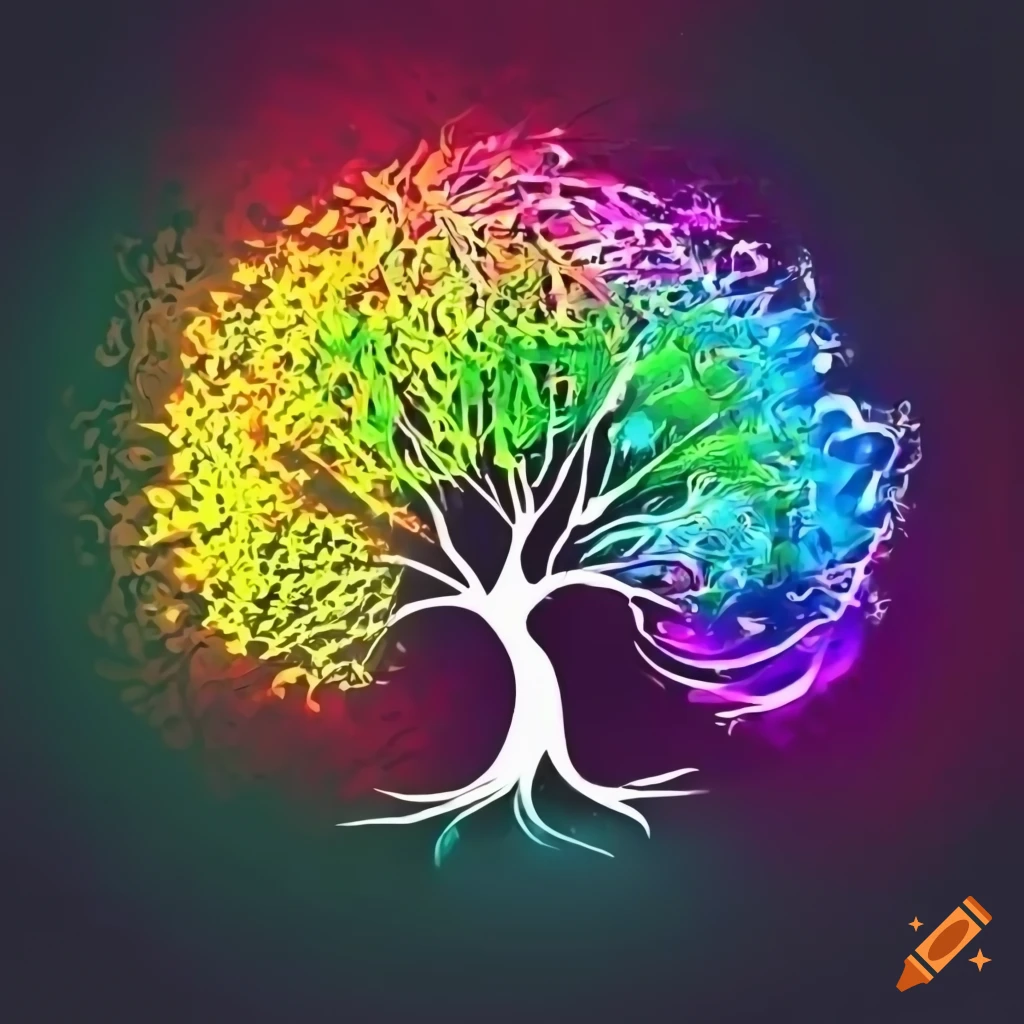 Tree of life logo with rainbow colored leaves on Craiyon