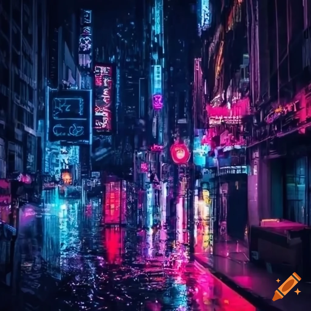 cyberpunk cityscape at night with neon signs