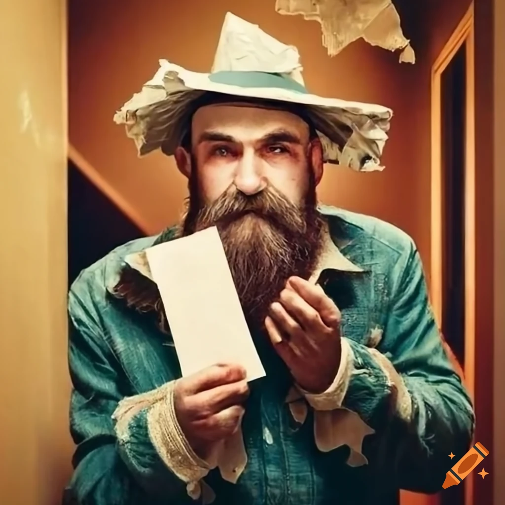 Vintage travel poster with a bearded man holding a stamped sheet of