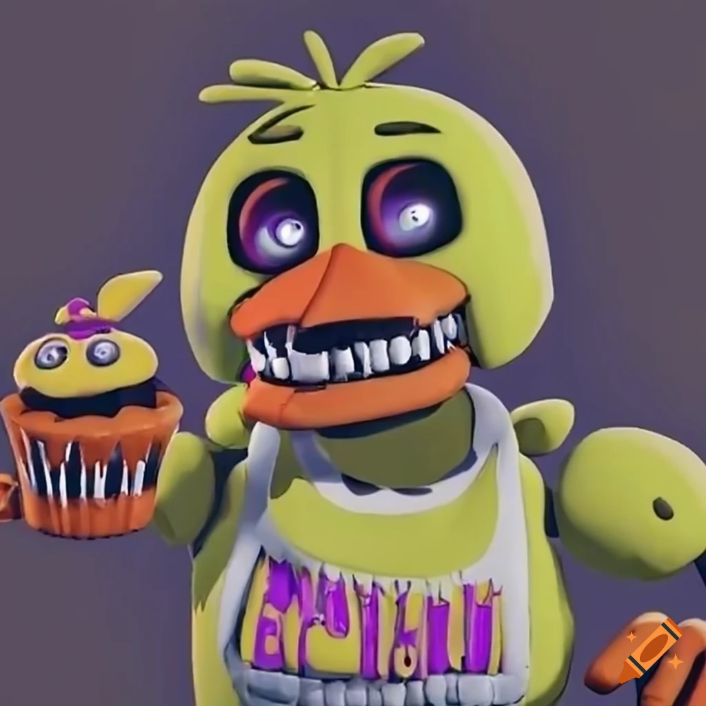 Swap!chica: a yellow chicken fnaf animatronic with a fancy dressed-up 80s  vibe with magenta eyes, a black bowler hat, a simple pink dress, and a  microphone in her hand