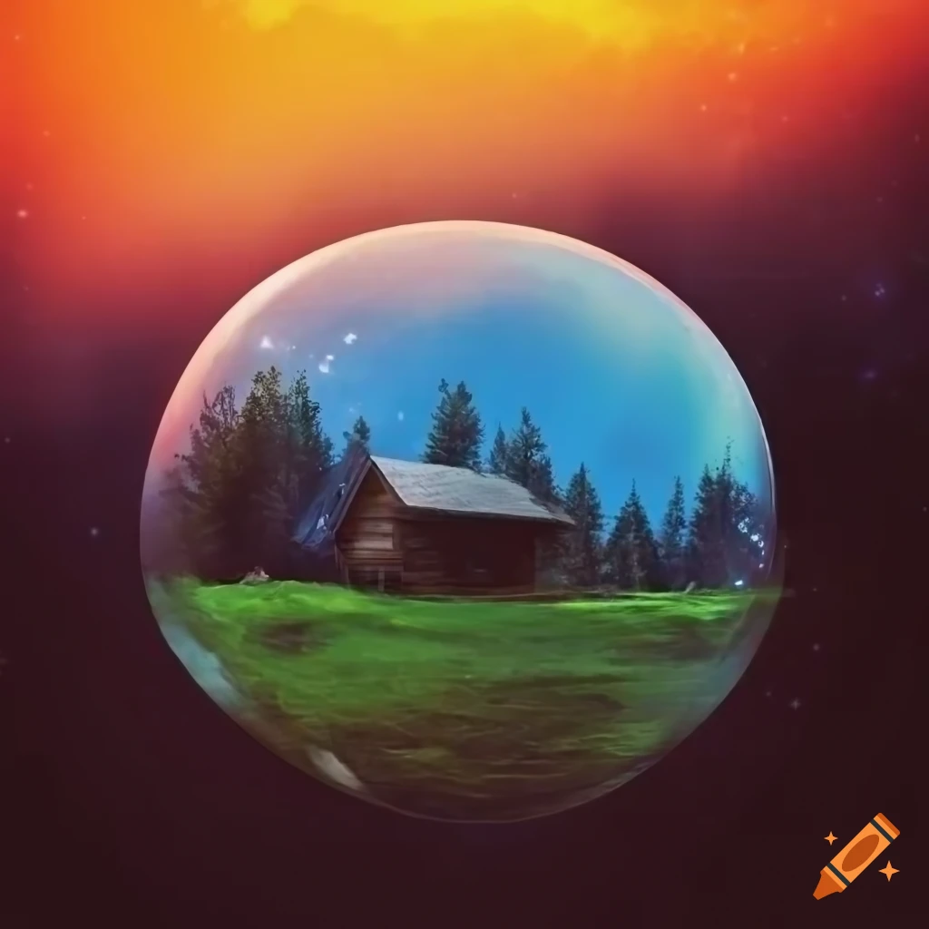 surreal scene of a log cabin under a colorful galaxy sky