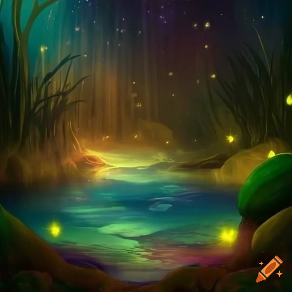 Beautiful night scene with fireflies and colorful waterfalls on Craiyon