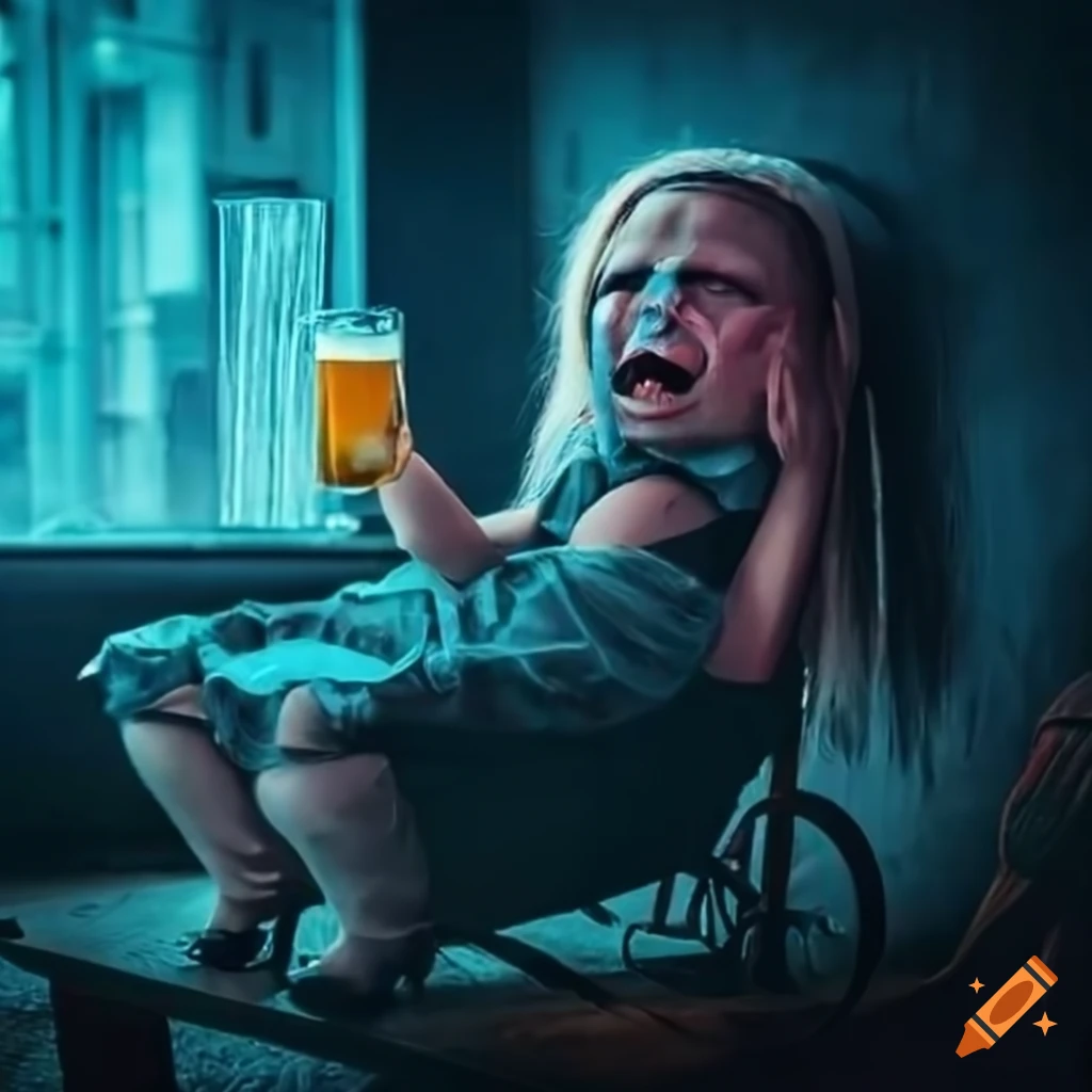 Dark artwork of a crying child drinking beer in a pub