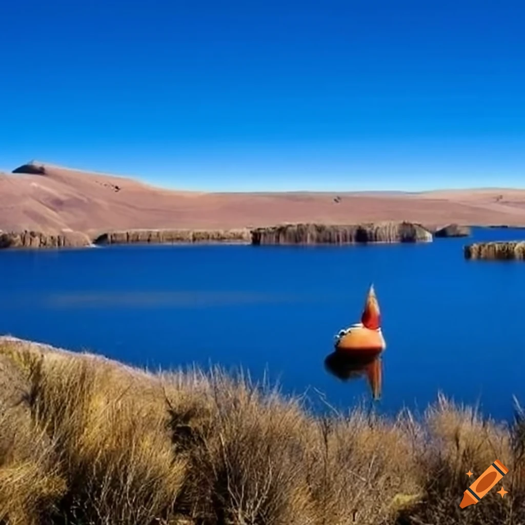 Aerial view of Lake Titicaca surrounded by mountains