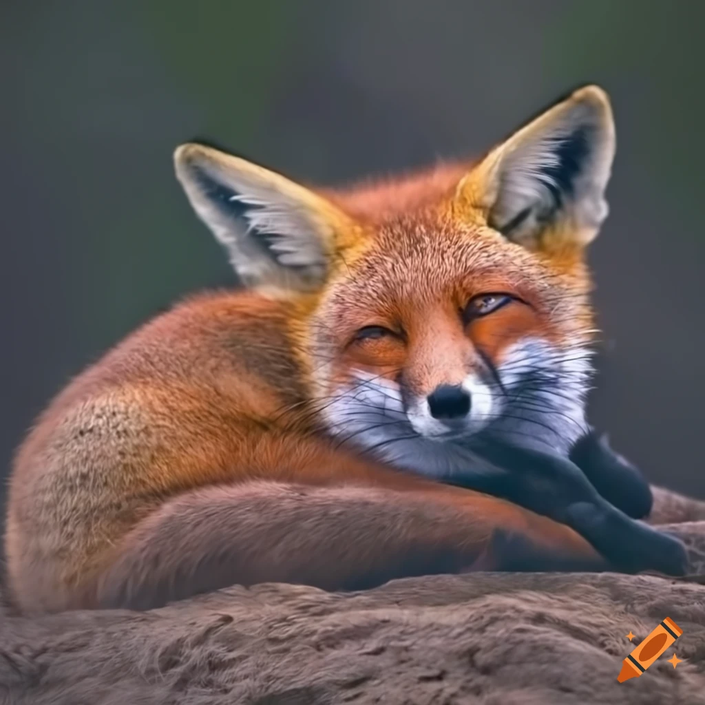 fox peacefully sleeping on black surface