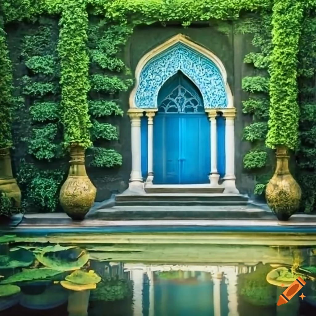Islamic-style balcony overlooking a lush garden with fountain and blue window