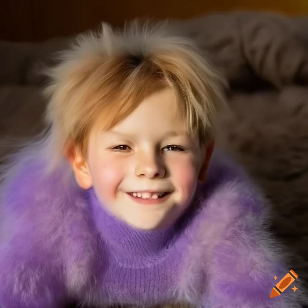 Blond boy in fuzzy lilac mohair sweater lying on fur rug on Craiyon