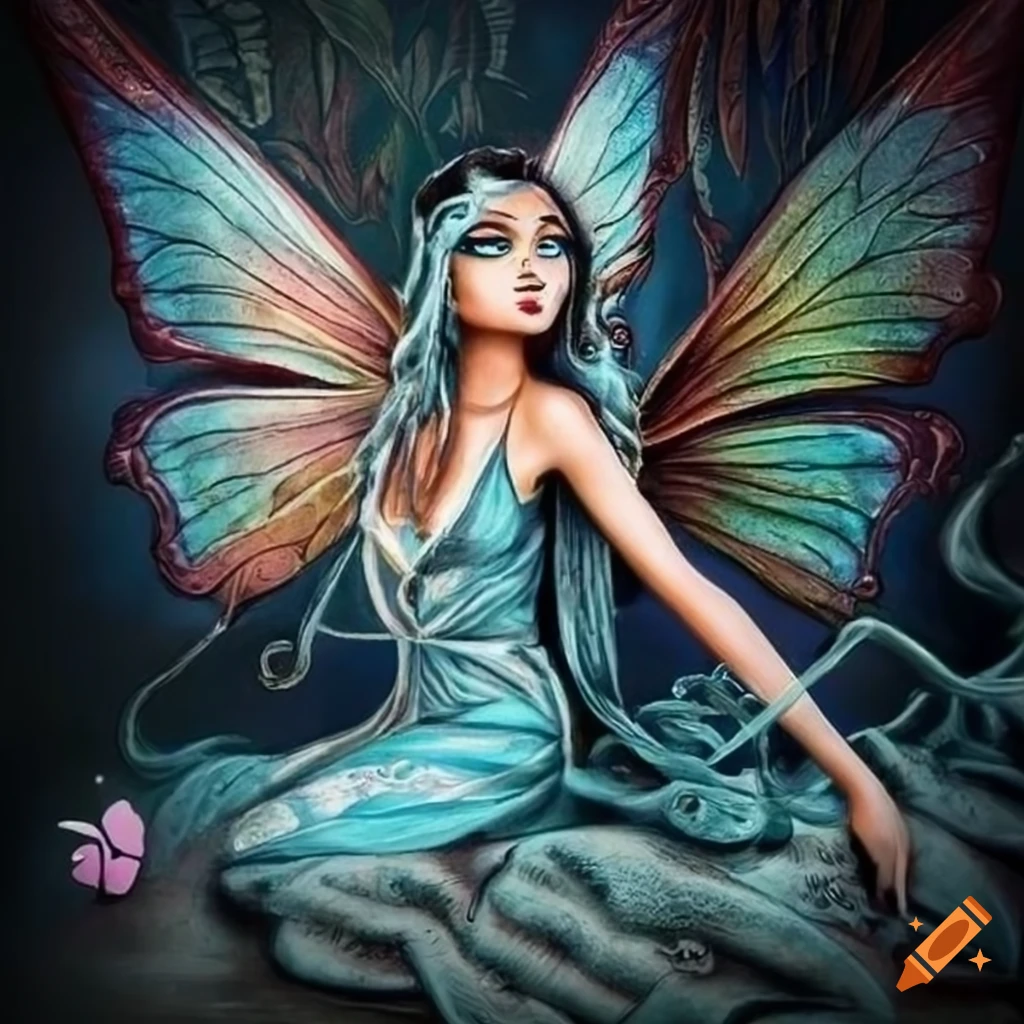 Chicano art of a fairy surrounded by butterflies on Craiyon