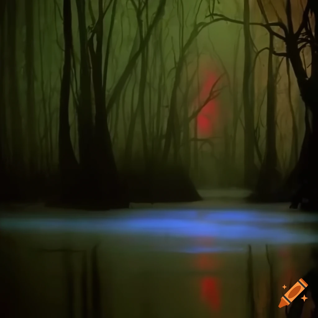 Mysterious swamp with black water and orange fog on Craiyon