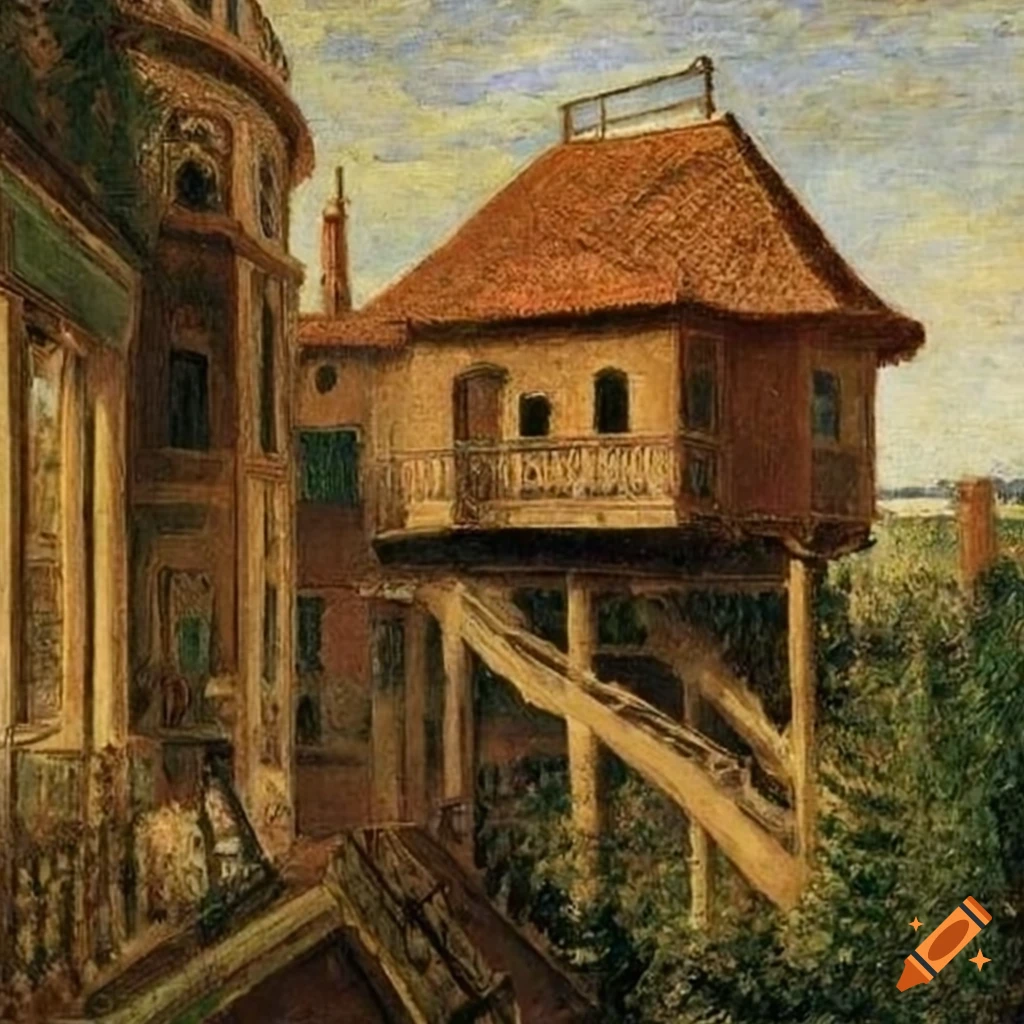 treehouse palace with balcony inspired by Masaccio, Antonello da Messina, and Camille Pissarro