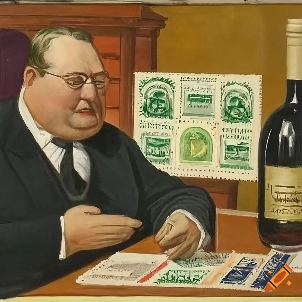 painting of a fat bureaucrat at desk with various items