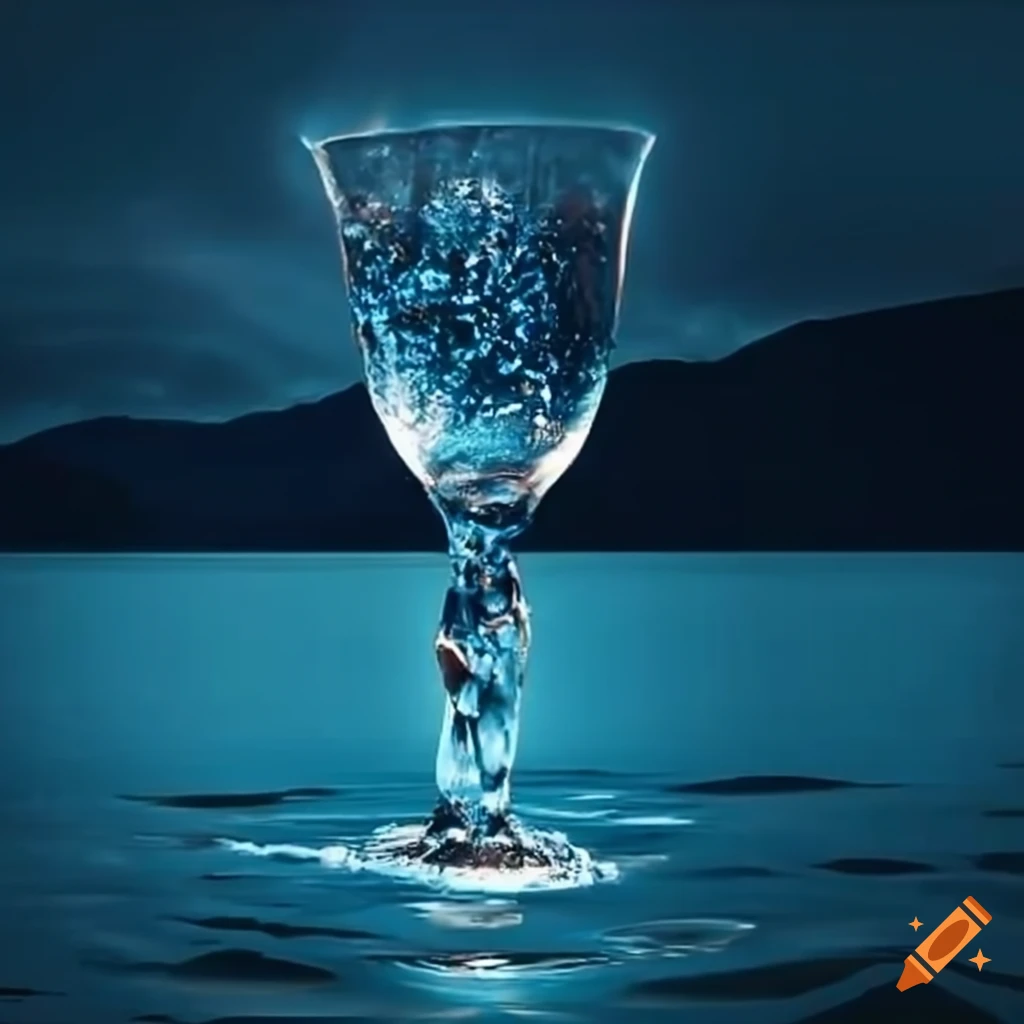 Goblet erupting from a lake at night