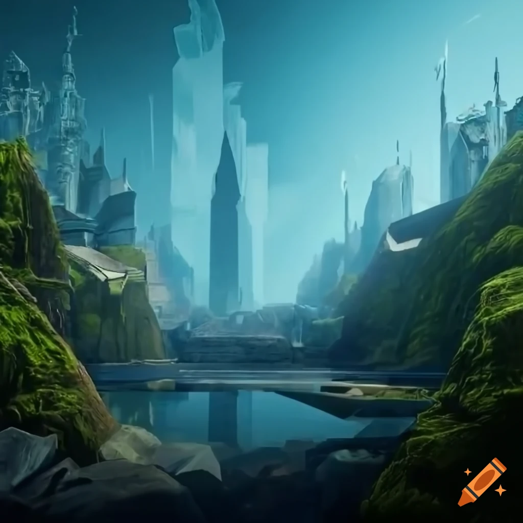 Illustration of a futuristic city covered in moss and crystals on Craiyon