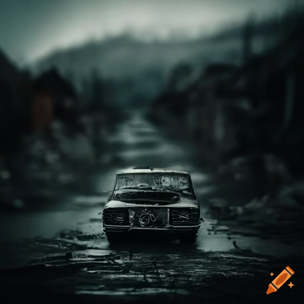 monochrome picture of an old T5 model car driving through a ruined world