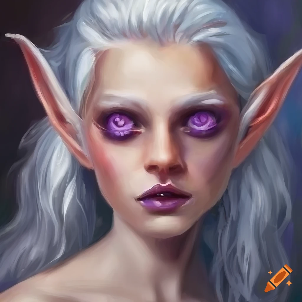 Oil painting of an elf with white hair and purple eyes on Craiyon