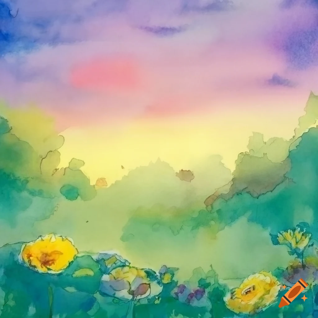 watercolor painting of a flower field under a cloudy sky