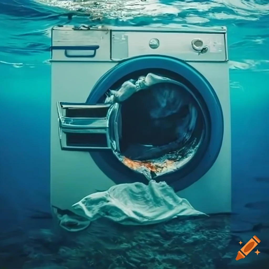 Conceptual image of a laundry machine sinking in the ocean on Craiyon