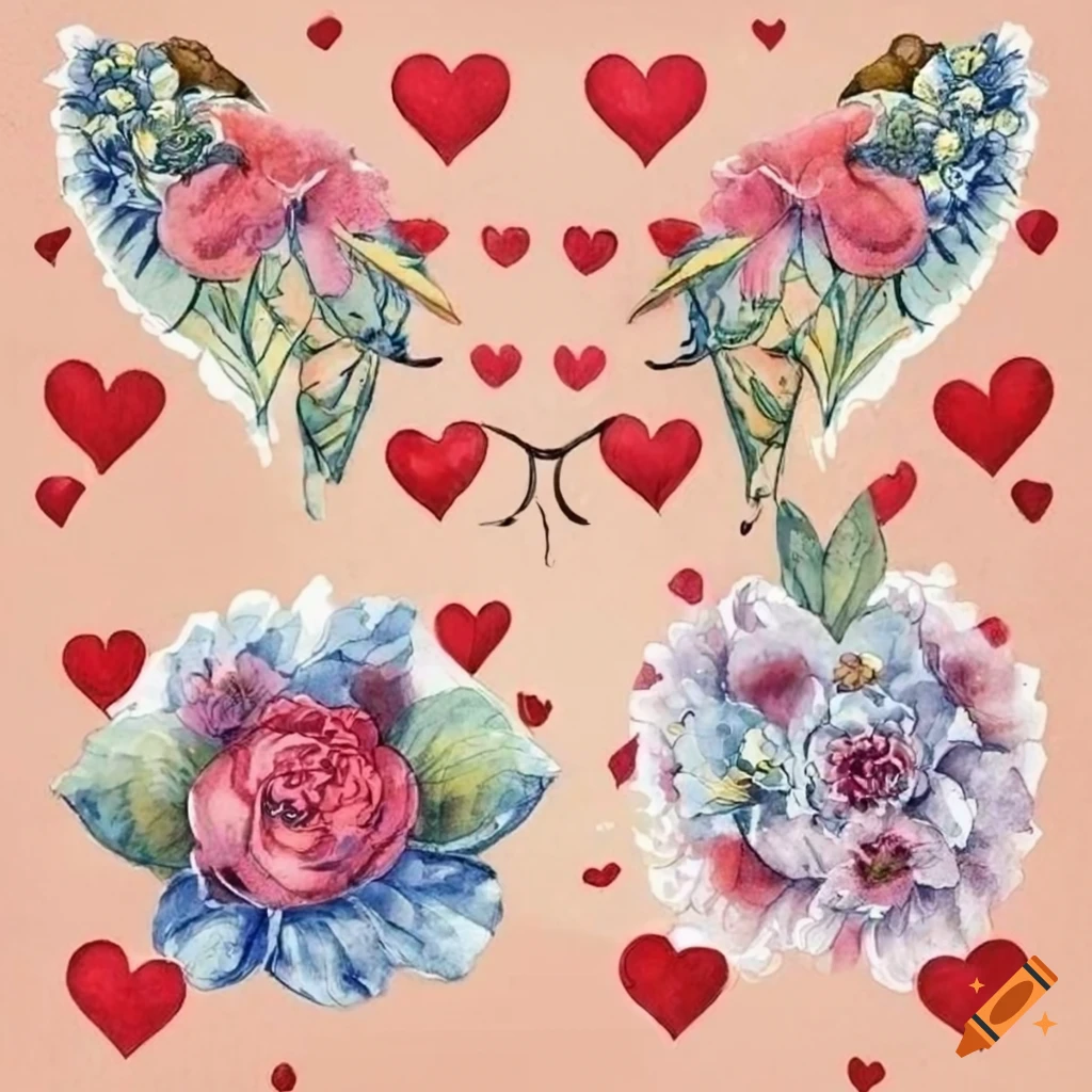 watercolor vintage-style illustrations with flowers and hearts