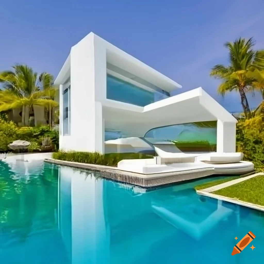 Photo of a futuristic beach villa with a pool on Craiyon