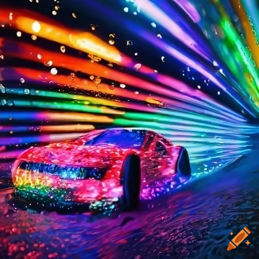 wet racing car with disco lights