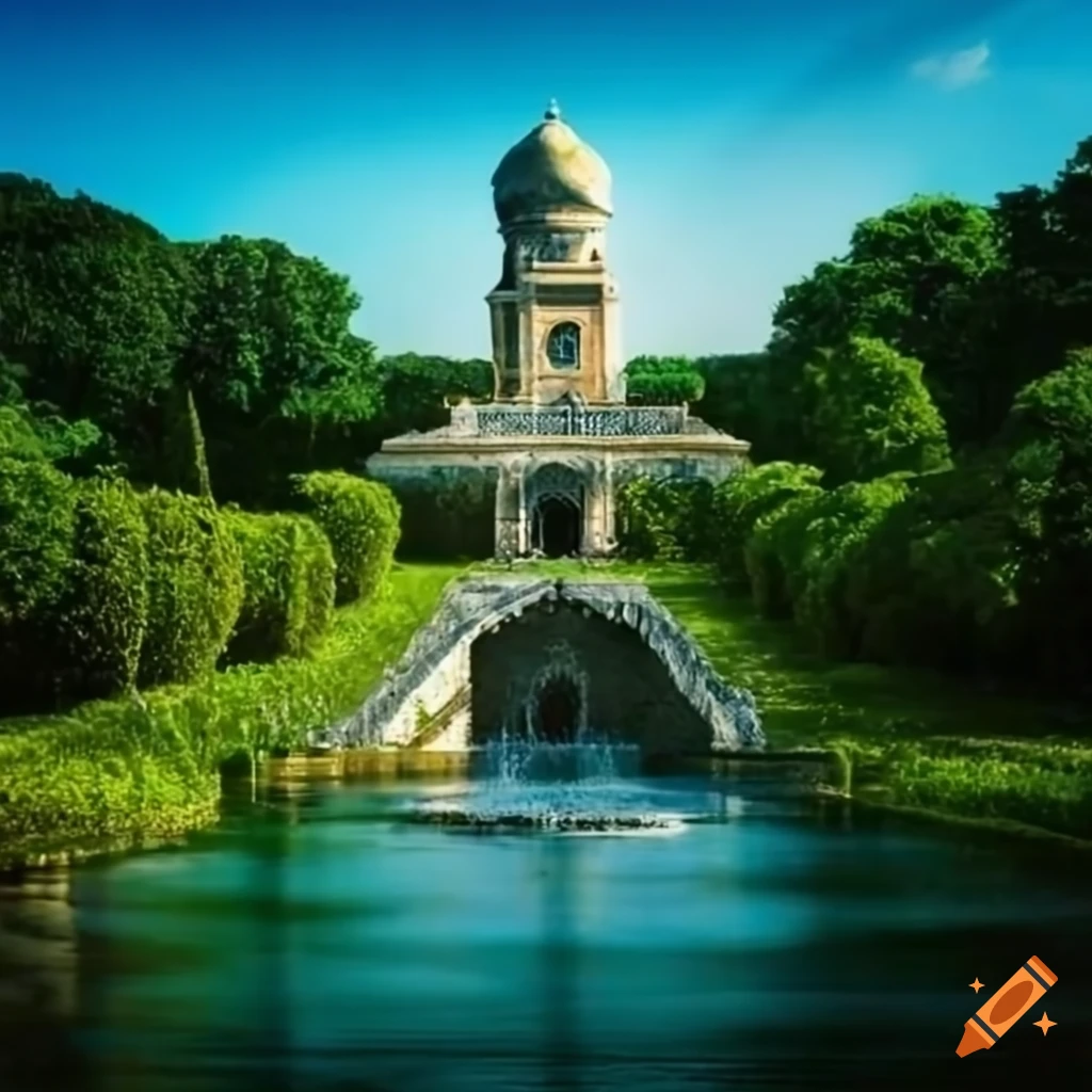 Garden with fountain and a baroque stairway leading to a balcony on Craiyon
