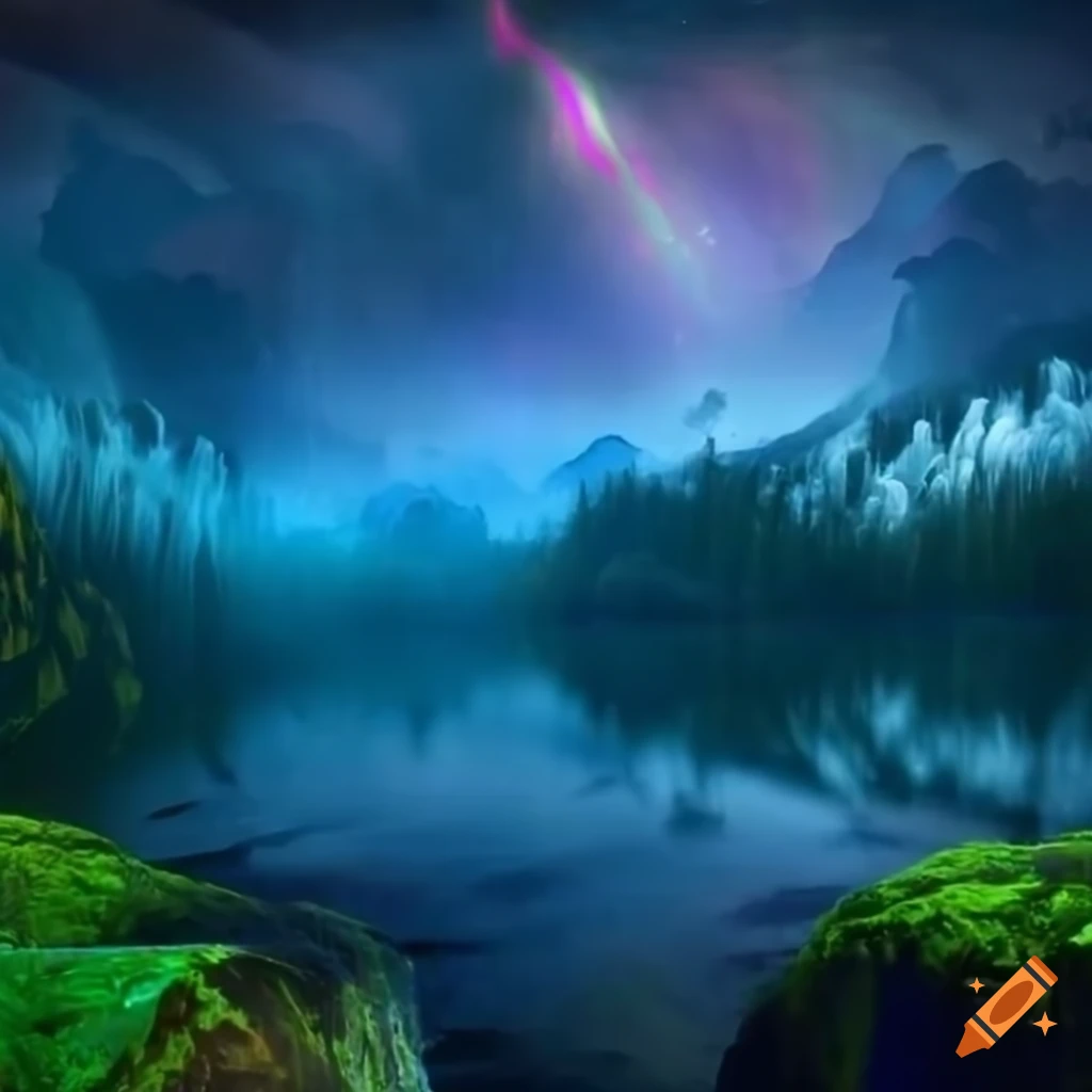 fantasy landscape with colorful waterfalls at night