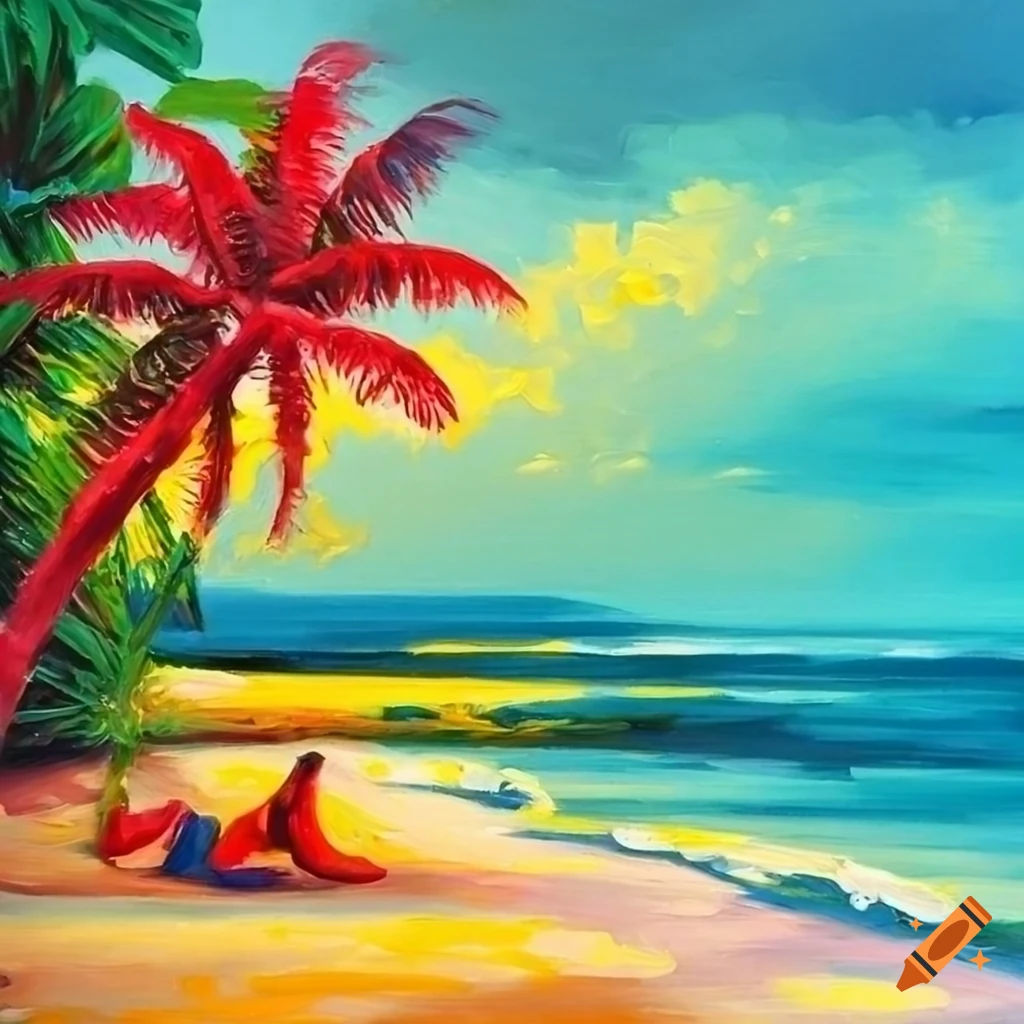 Colorful oil painting of a tropical beach in pop art style on craiyon