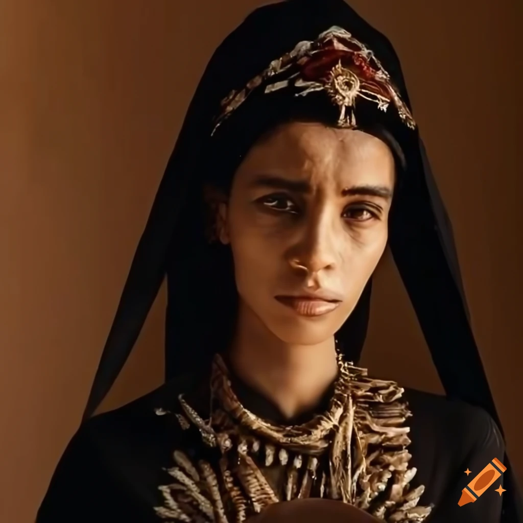 photograph of a young woman in primitive black robes