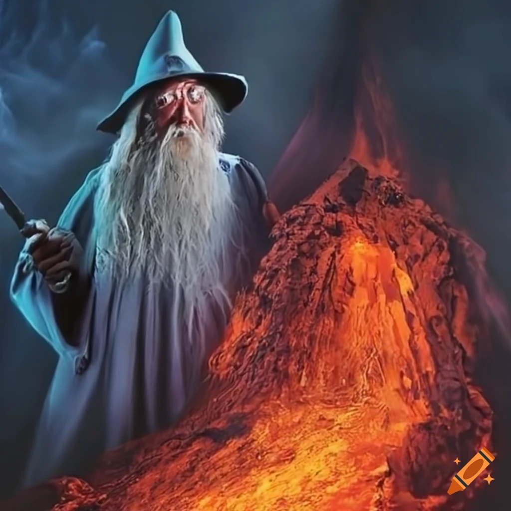 Humorous image of gandalf taking a picture inside a volcano on craiyon