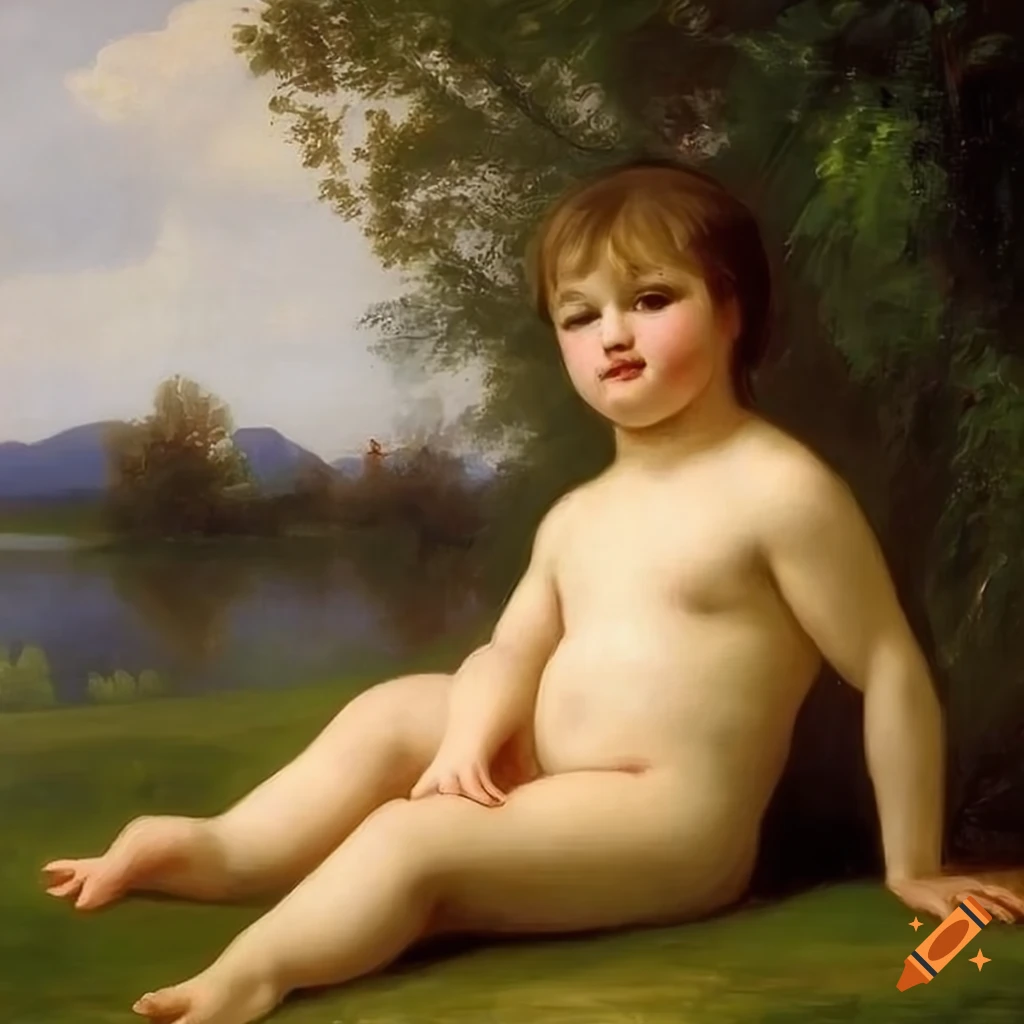 painting of a child playing by a lake