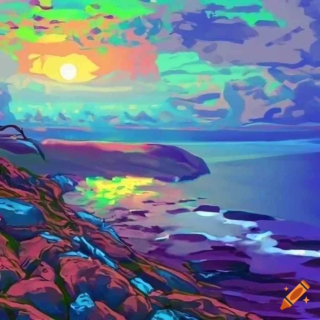 Psychedelic style coastal landscape