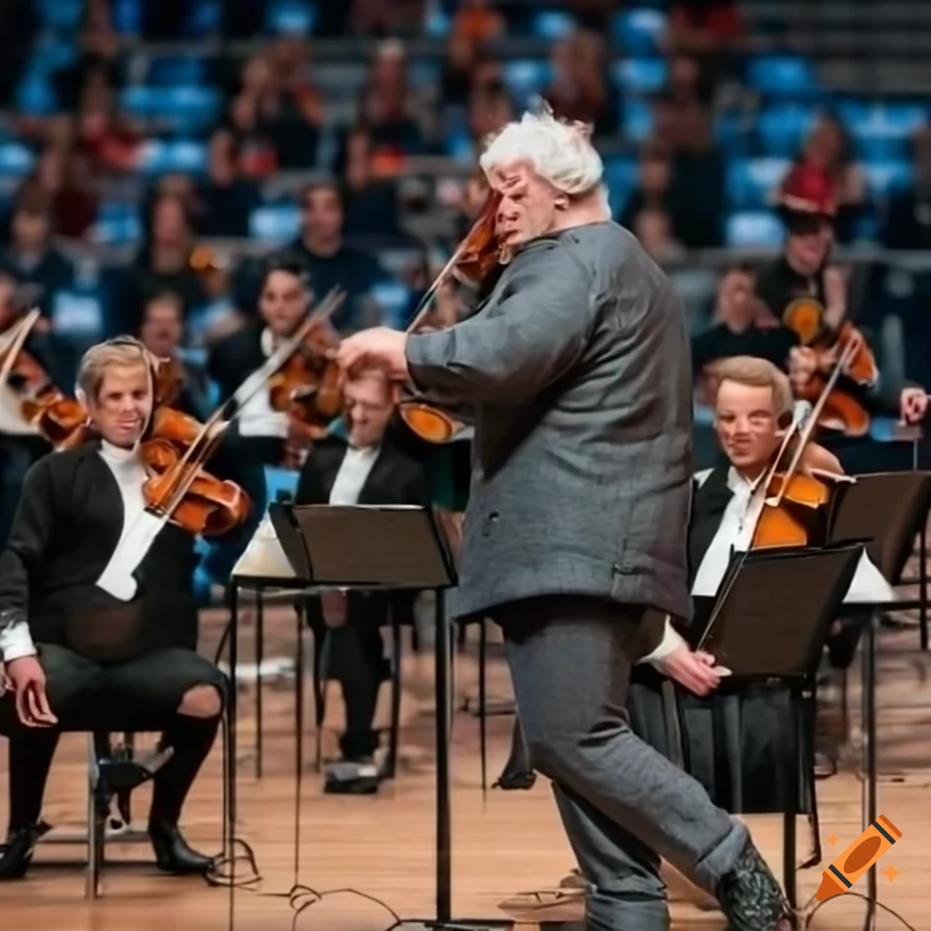 conductor leading an orchestra in a stadium
