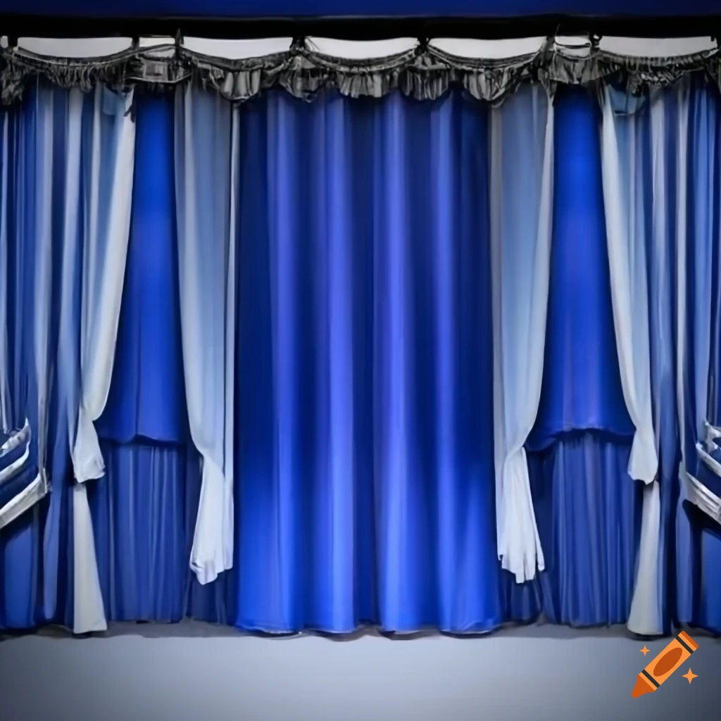 Close Up Photo Of A Stage With White Blue Curtain On Craiyon