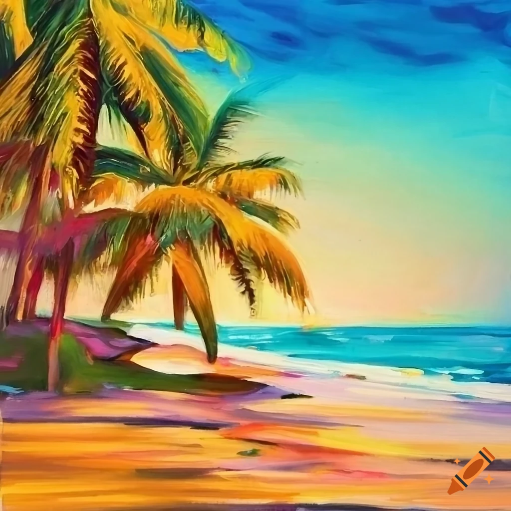 Colorful oil painting of a tropical beach in pop art style on Craiyon