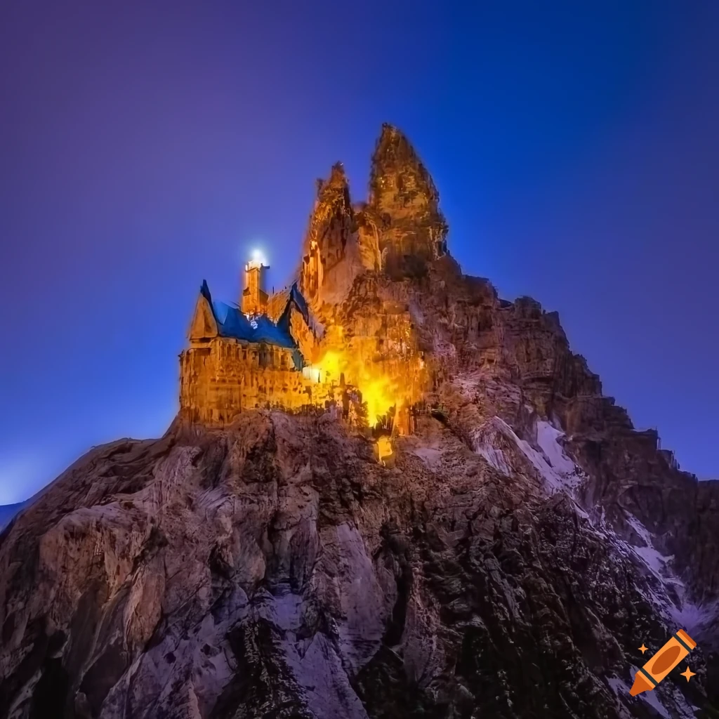 Nighttime photo of a castle on top of a crystal mountain on Craiyon