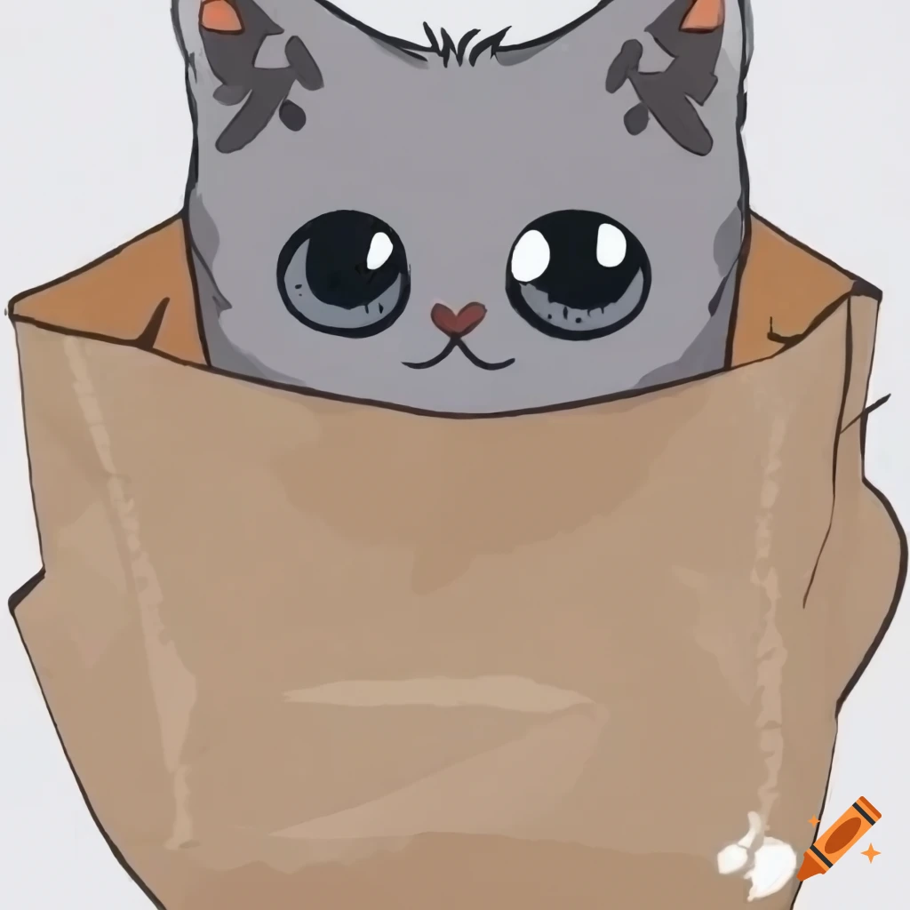 manga-style grey kitten in a cat face paper bag
