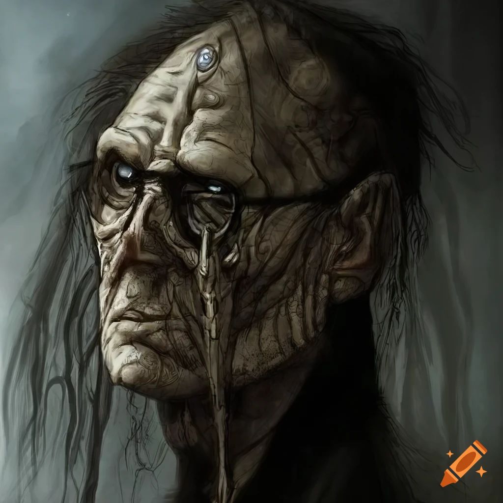 sci-fi illustration of a wrinkly man in black tracksuit and glasses