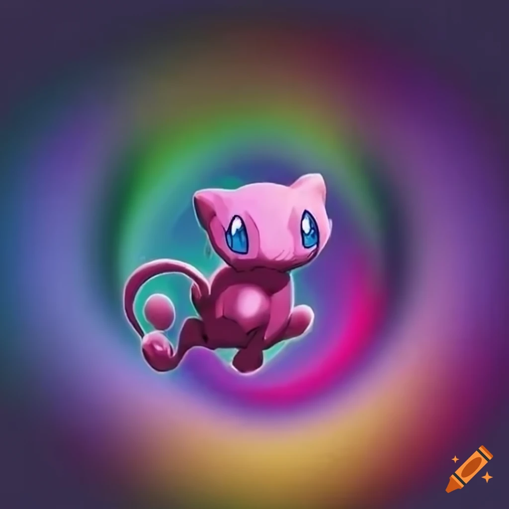 Mew Pokemon with colorful aura flying