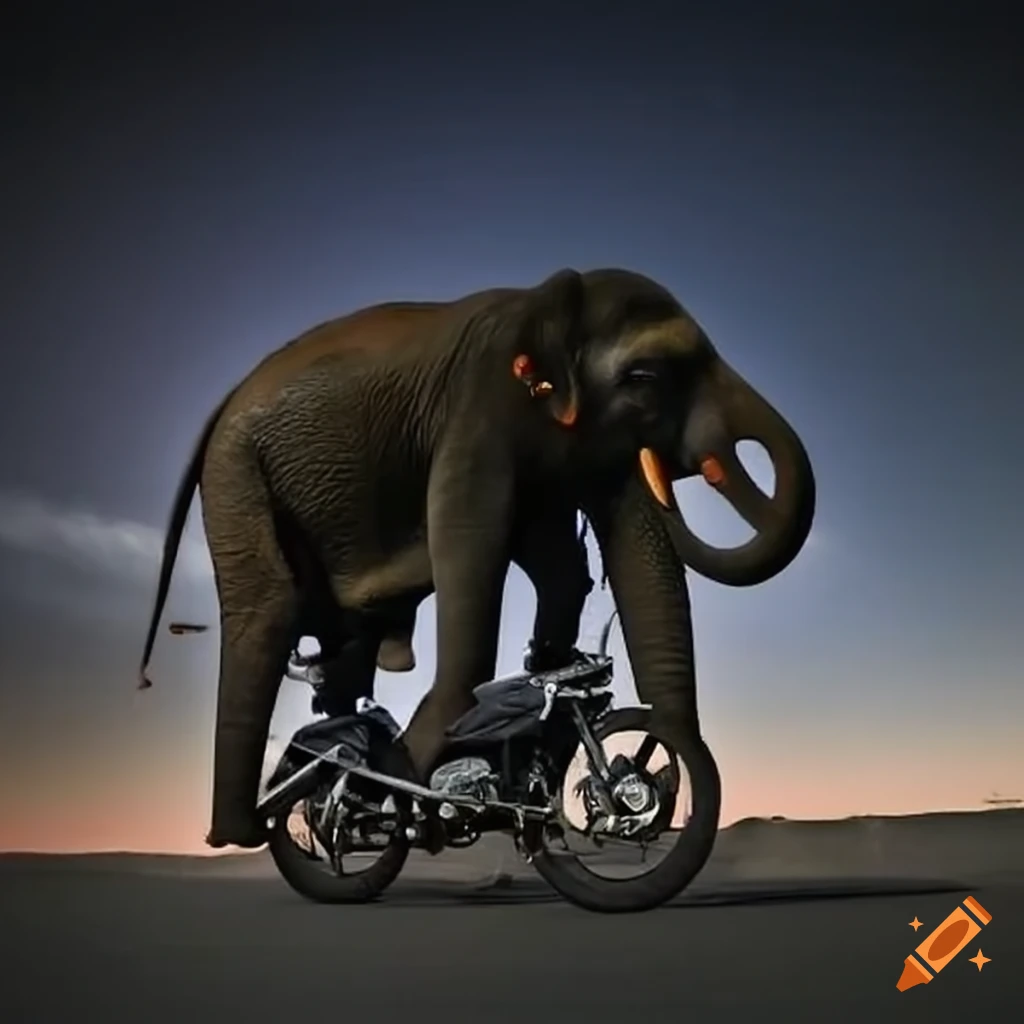 Humorous image of an elephant riding a motorbike
