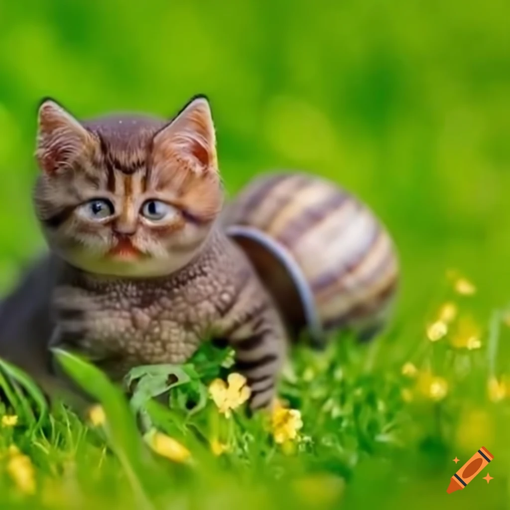 Snailkitten hybrid with a curly shell in the grass on Craiyon