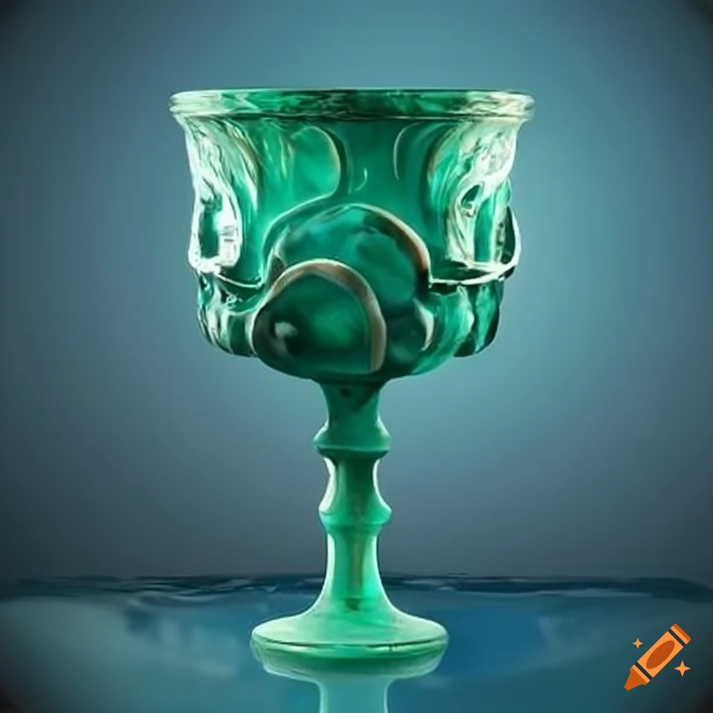 ancient emerald goblet emerging from blue water