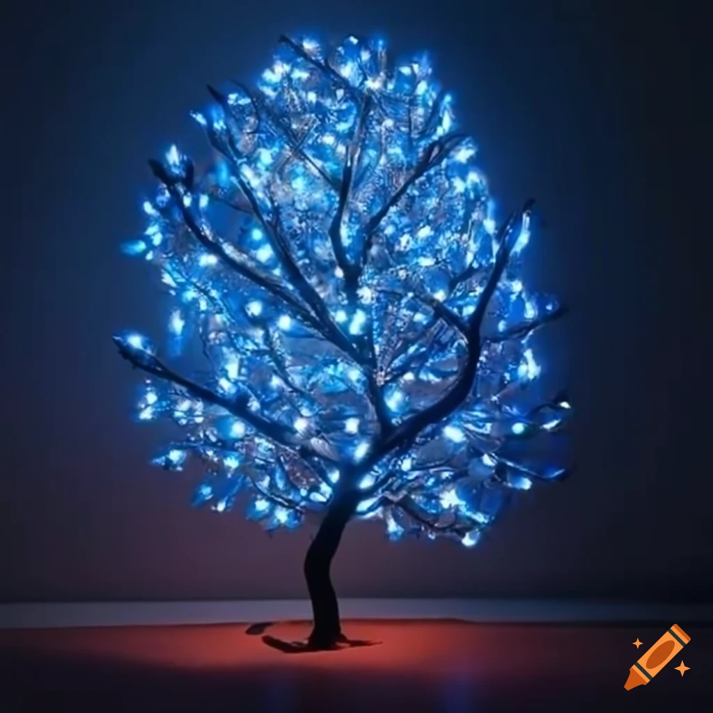 Metal tree with blue led lights on Craiyon