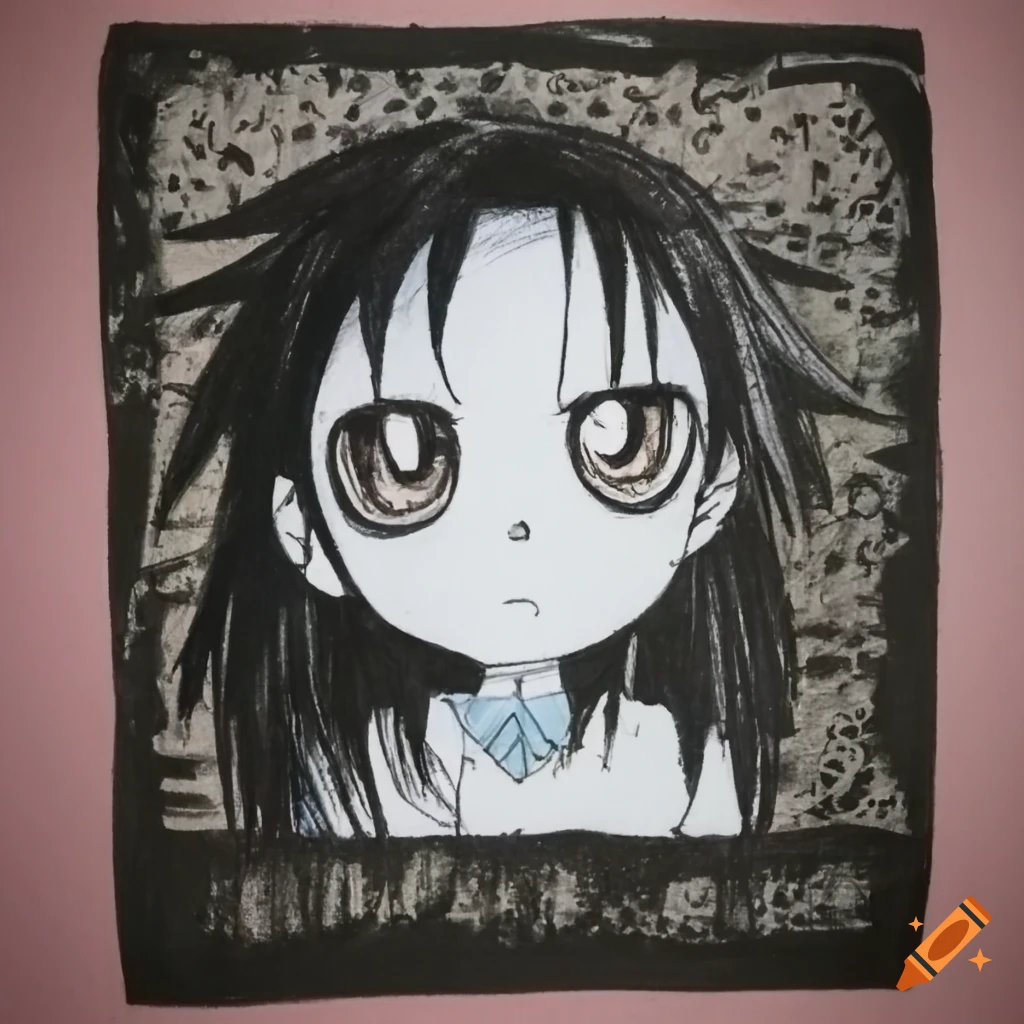 crayon drawing of Tomoko Watamote with a Tim Burton style