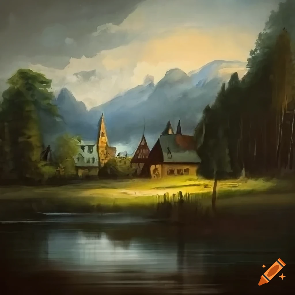 Painting of a german landscape with woods and water on Craiyon