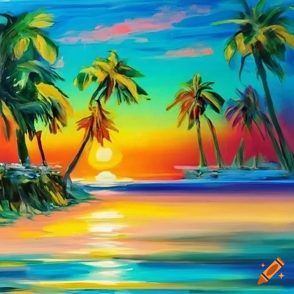 colorful oil painting of a tropical beach in pop art style